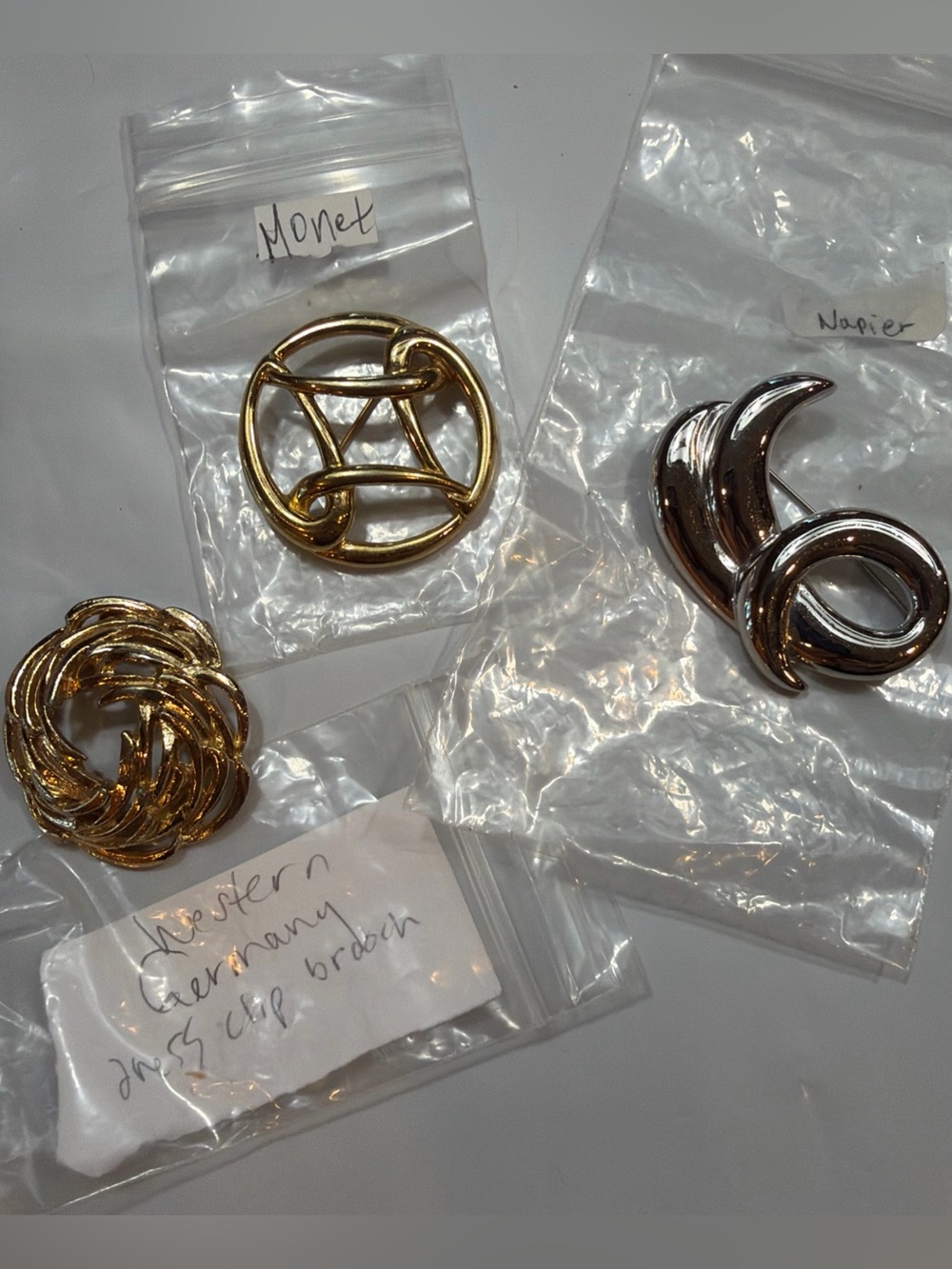 Vintage BROOCH PIN lot MONET NAPIER WESTERN GERMANY Gold Silver THREE PINS LOT